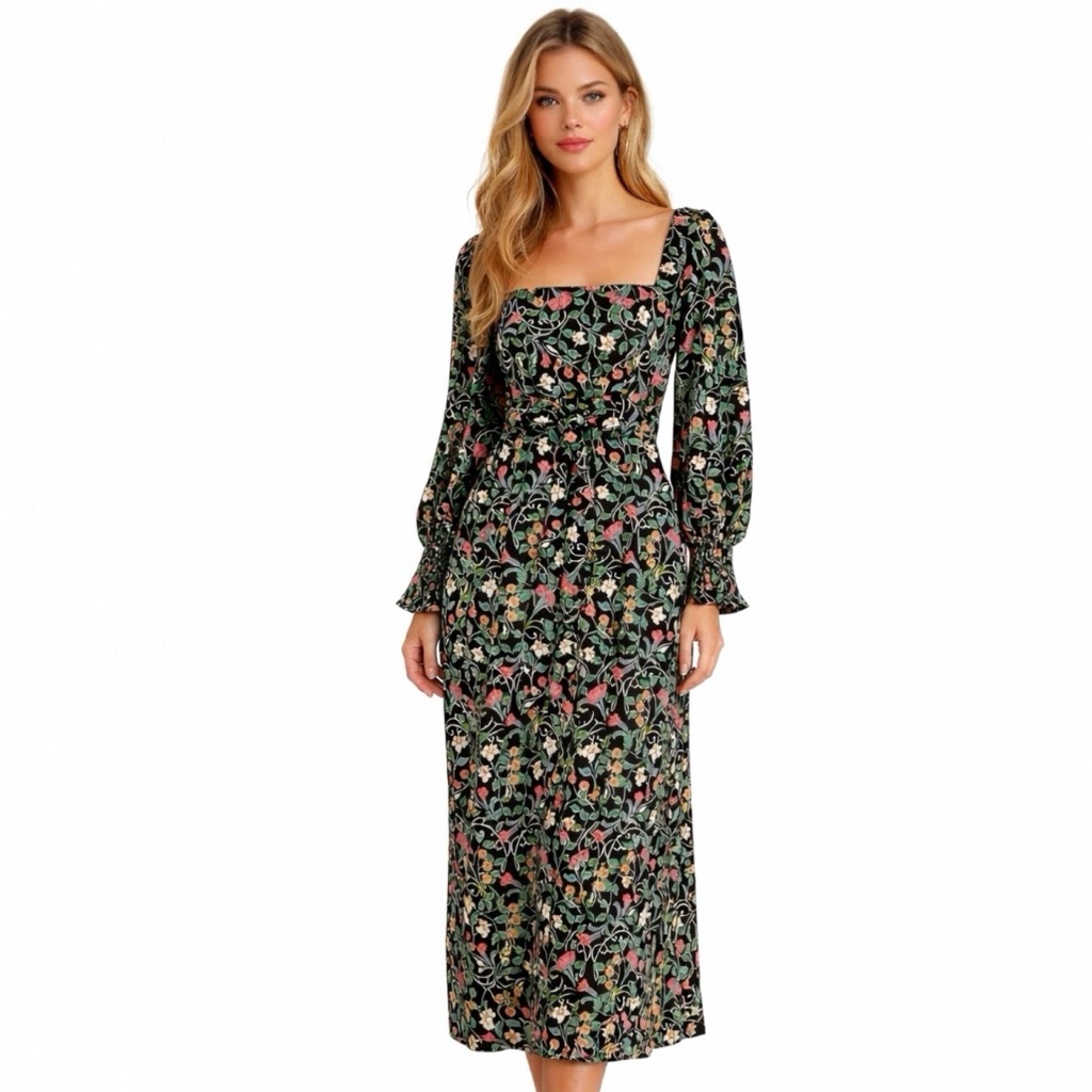 Nwt Kleid “Valeria” Midi Dress Black W/Vibrant Florals. Square Neckline. Sz L